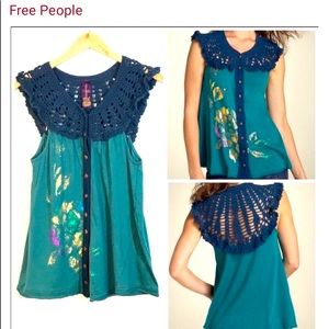 Free People Decorative Blue Green Vest Top